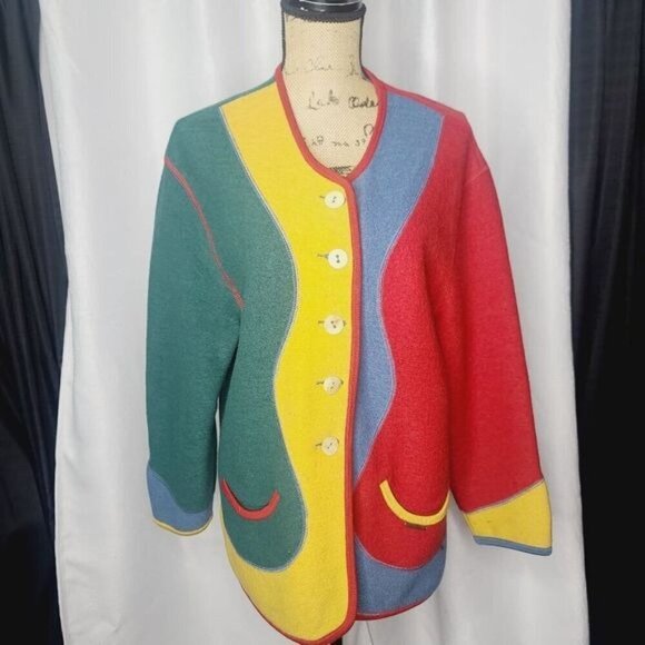 Vintage Geiger Colorblock Colorful Wool Green Red Yellow Jacket - Picture 2 of 16